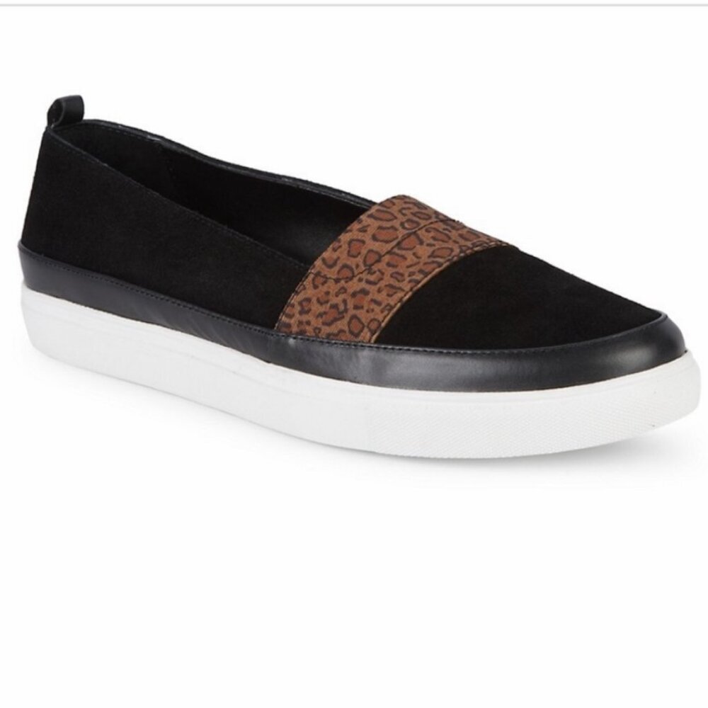 Donald Pliner Sz 8.5 Black Suede Leather Animal Trim Leather Slip On Sneaker